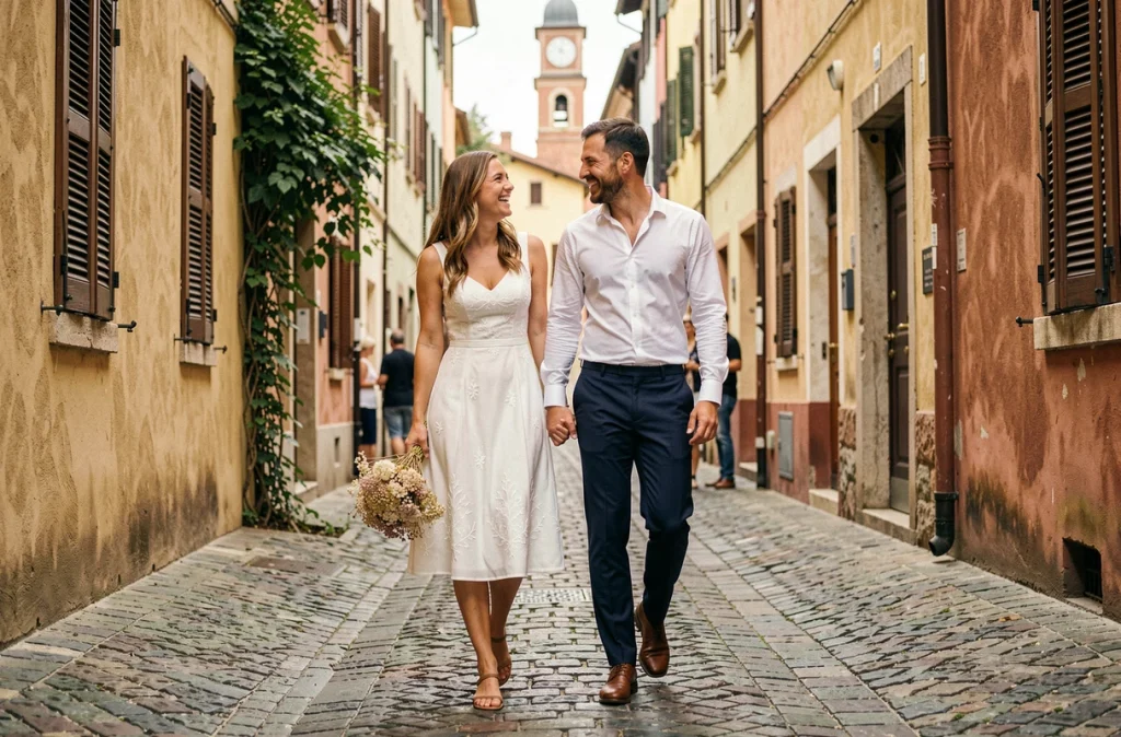 Jeunes mariés se promenant dans une ruelle pavée d'un village européen après leur mariage à l'étranger