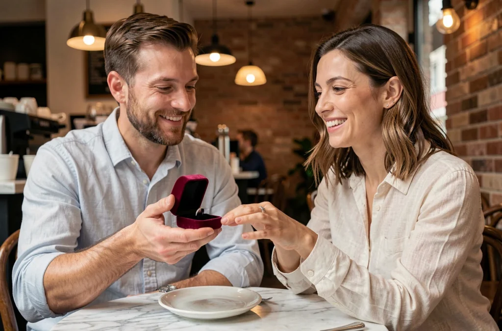 Homme offrant une bague en argent à une femme dans un café parisien, moment symbolique lié à la signification d'une bague à l'annulaire droit