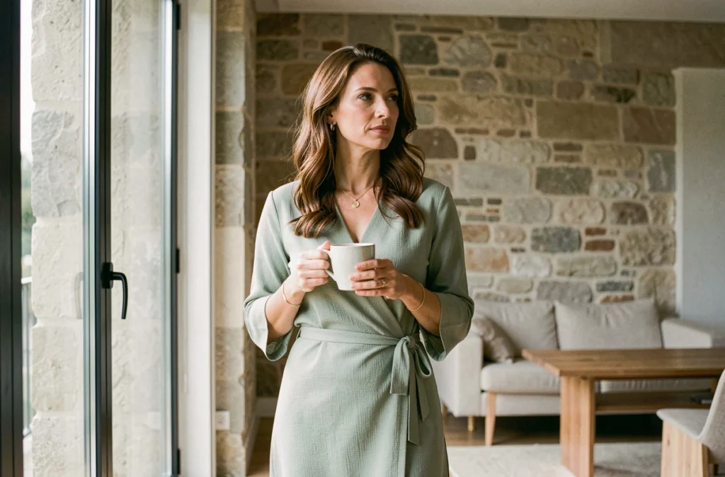 Femme élégante dans un appartement français contemporain, évoquant la vie privée et la discrétion d'une personnalité publique française