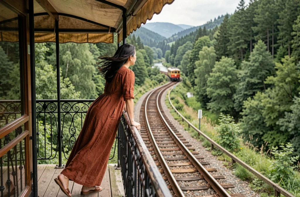Femme sur la plateforme panoramique ouverte d'un train vintage traversant une vallée verdoyante