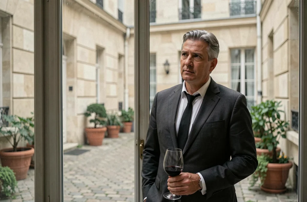 Portrait d'un homme élégant et pensif près d'une fenêtre donnant sur une cour parisienne, évoquant la discrétion et l'intérêt du public pour la vie privée d'une personnalité médiatique