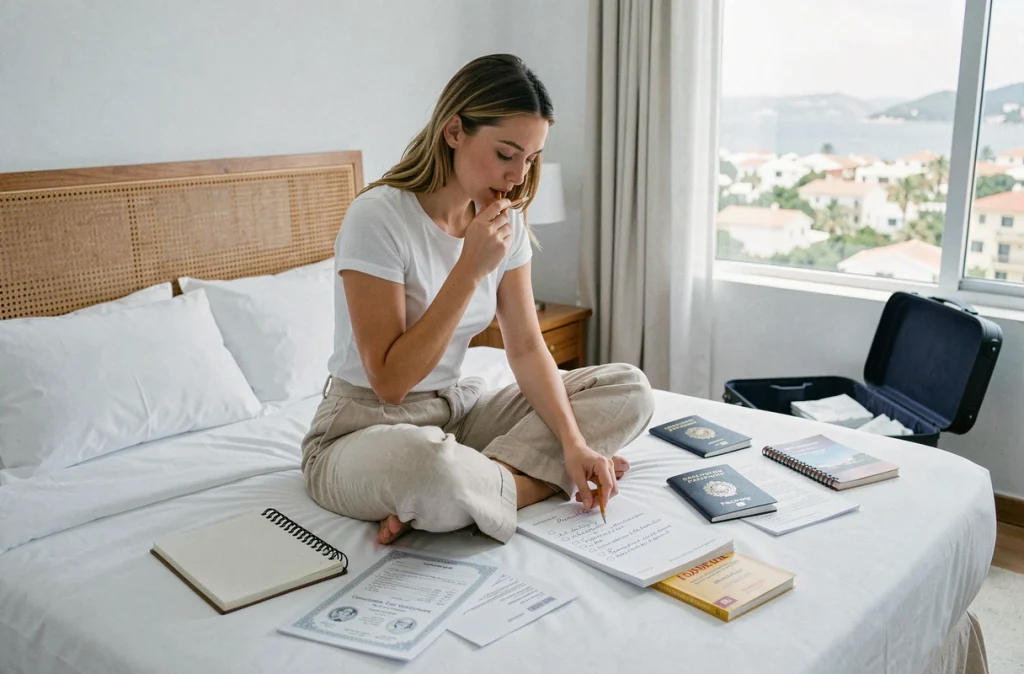 Femme organisant les démarches administratives pour un mariage à l'étranger depuis sa chambre d'hôtel