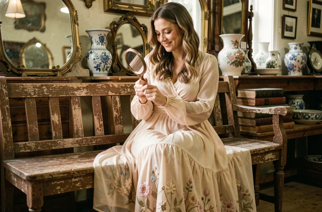 Femme en robe mariée bohème années 70 en mousseline écrue avec broderies florales assise dans un magasin d'antiquités à la campagne