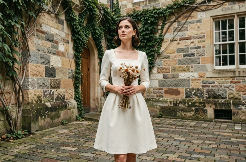 Femme portant une robe mariée courte style années 60 en crêpe blanc cassé dans une cour pavée avec murs en pierre et lierre