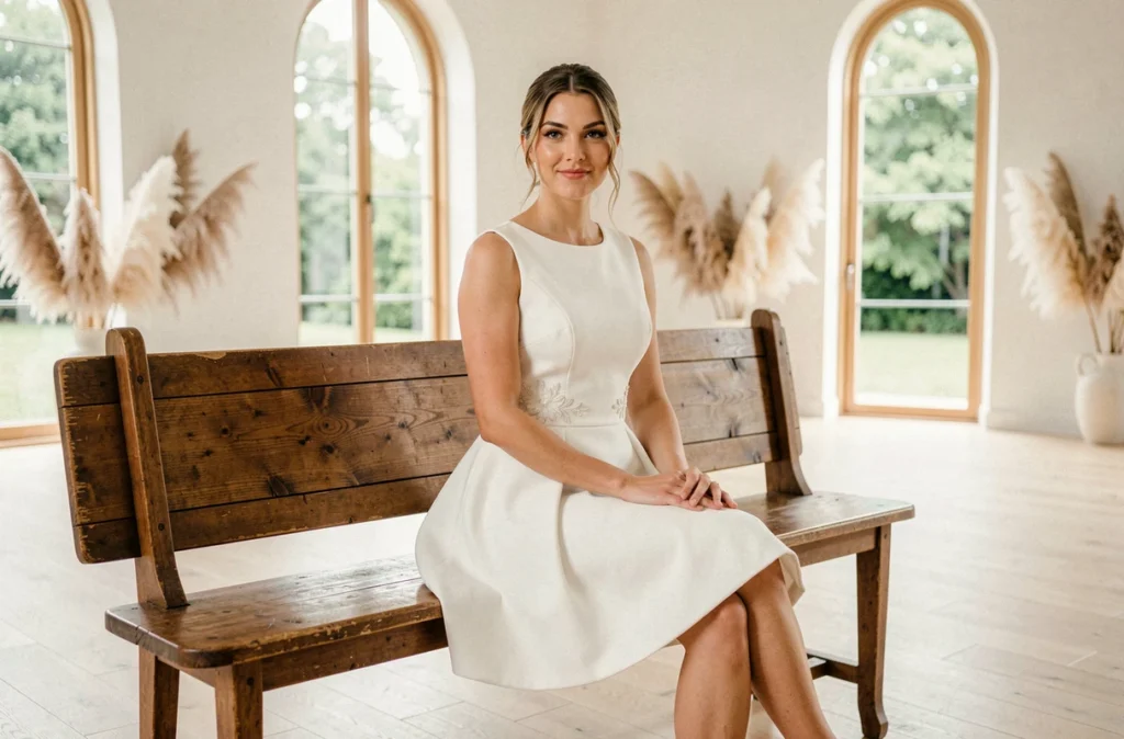 Mariée assise en robe courte blanche brodée dans une salle de réception minimaliste avec fenêtres en arche et herbes de la pampa