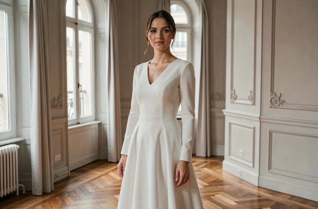 Mariée en robe de crépon blanc structuré à manches longues dans un appartement haussmannien, tendance robe de mariée épurée et intemporelle 2026