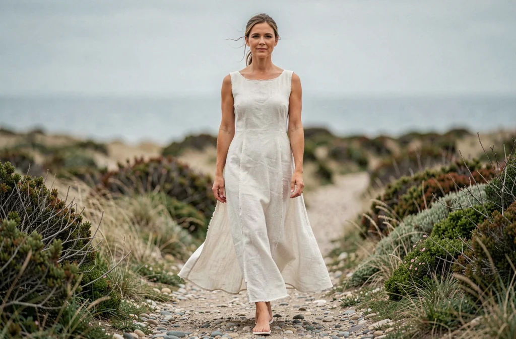 Mariée en robe de lin naturel écru marchant sur un chemin côtier, tendance mariage durable et minimaliste 2026 avec tissu écoresponsable
