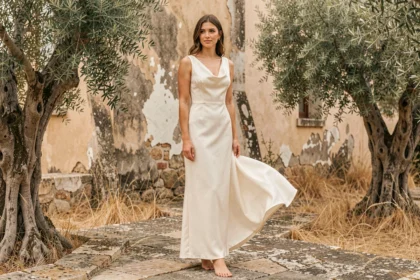 Femme en robe de mariée simple en soie ivoire à coupe biais, debout sur une terrasse en pierre entourée d'oliviers, style minimaliste et élégant pour 2026