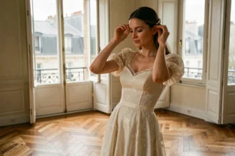 Femme en robe mariée vintage ivoire avec dentelle et manches bouffantes dans un appartement parisien au parquet en point de Hongrie