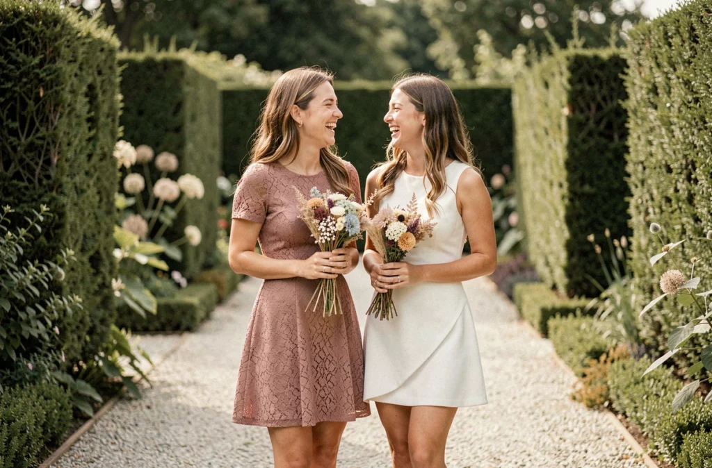 Deux femmes en robes courtes ASOS pour mariage civil dans un jardin botanique