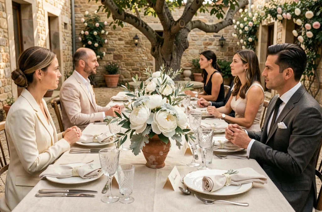 Table de réception de mariage luxueux dans un mas provençal près de Gordes avec décoration florale raffinée