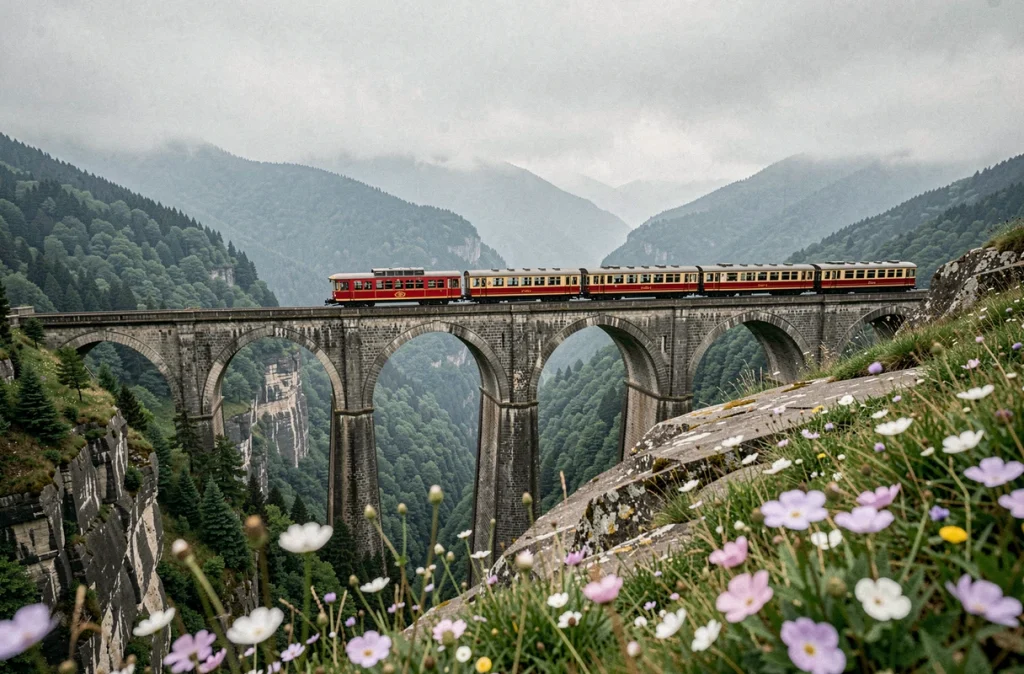 Train panoramique historique traversant un viaduc en pierre au-dessus d'une gorge boisée et brumeuse