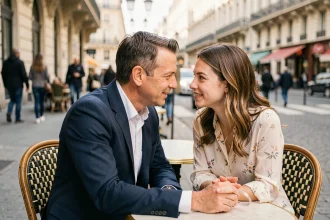 Un couple élégant en conversation intime à une terrasse de café parisien, illustrant la vie sentimentale et la discrétion d'une relation publique