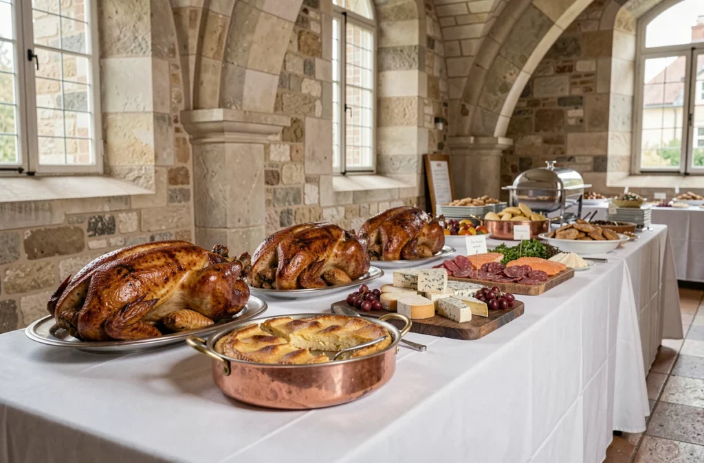 Buffet de mariage traditionnel français d'Andrault Traiteur avec volaille rôtie, saumon en croûte et fromages régionaux dans un château