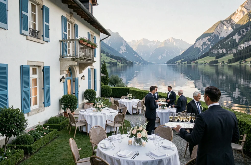 Terrasse de l'Auberge d'Anthy Hôtel Restaurant dressée pour un mariage au bord du lac