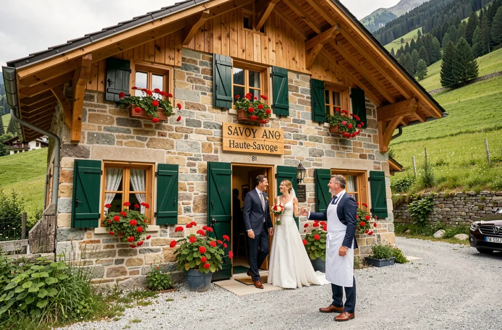Façade de l'Auberge du Pelloux en Haute-Savoie accueillant des mariés à l'entrée