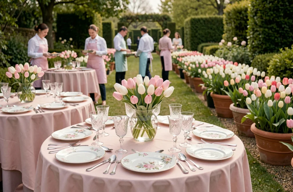 Décoration de mariage fleurie aux tulipes d'Aux Tulipes Traiteur avec tables dressées en porcelaine dans un jardin élégant