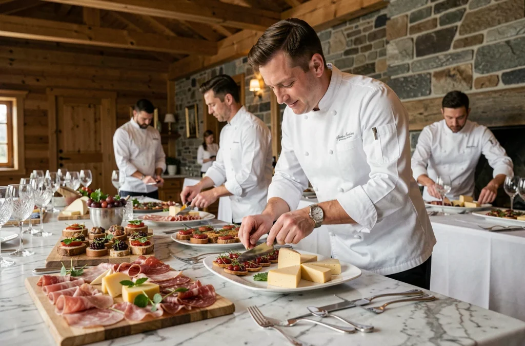 Chef traiteur Barat Traiteur dressant un buffet raffiné dans un chalet de réception alpin