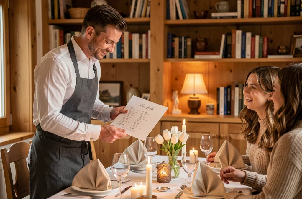 Chef de Ben Cuisine Pour Vous présentant un menu personnalisé à un couple de mariés