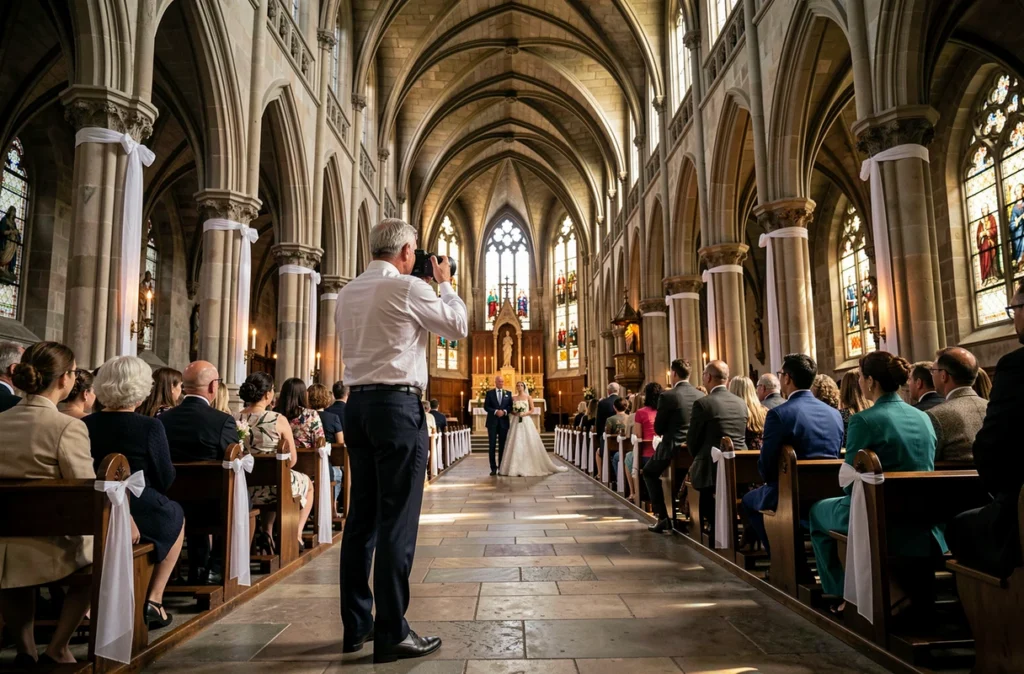BRUNO AUSSILLOU photographiant la procession nuptiale dans une grande église gothique de Seine-et-Marne