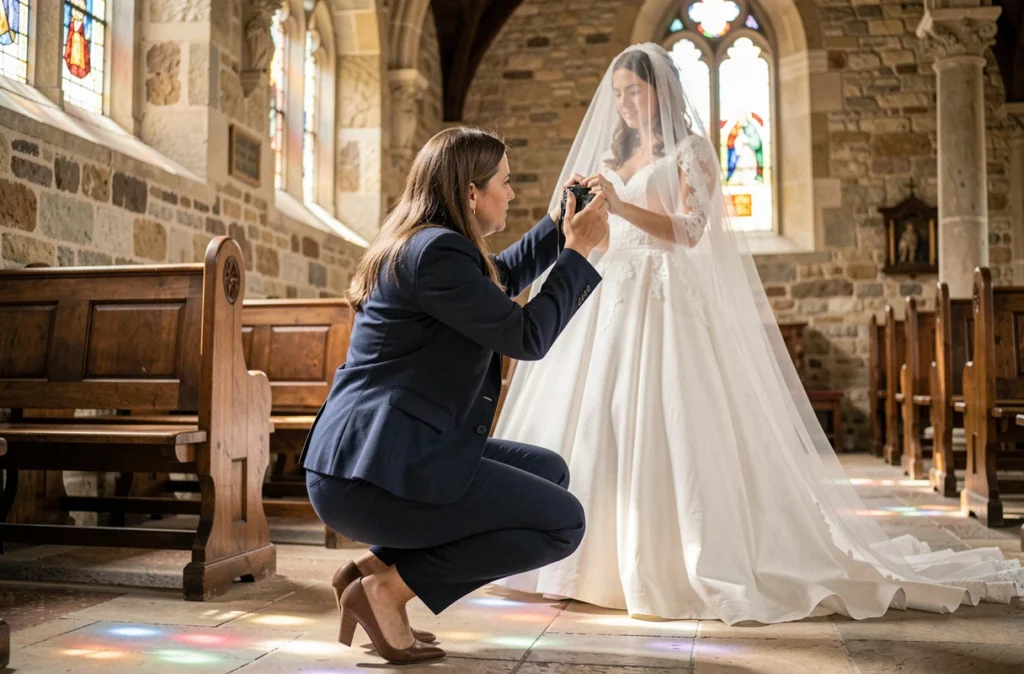 Camille Girault photographe capturant une mariée dans une chapelle en pierre en Seine-et-Marne