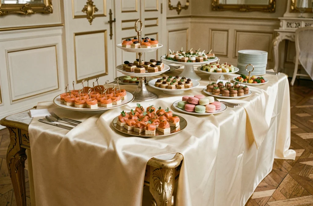 Buffet cocktail de mariage luxueux du Carré d'Or Traiteur avec canapés raffinés sur table dorée dans une salle de réception parisienne
