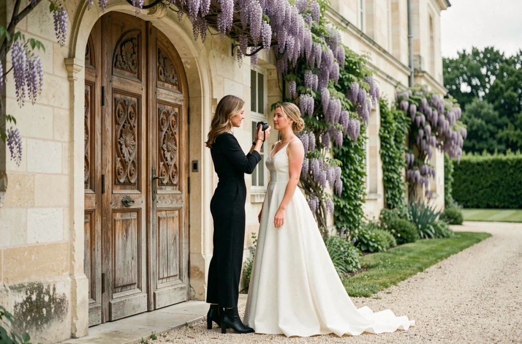 Cassandra G. dirigeant une mariée pour un portrait devant les portes sculptées d'un château en Seine-et-Marne