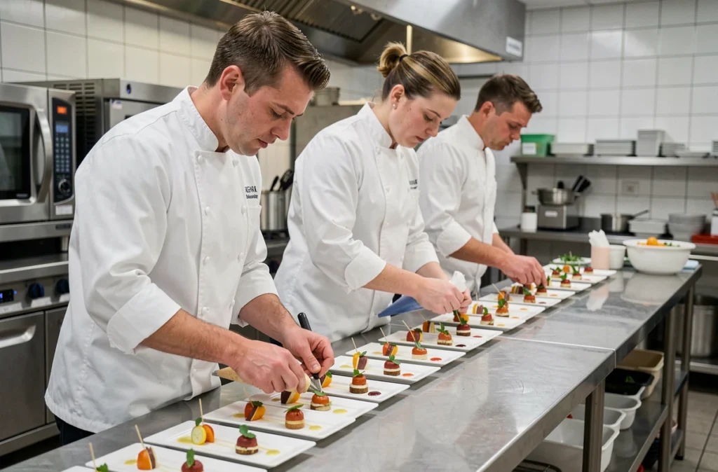 Équipe de CDJ Traiteur en cuisine professionnelle dressant des entrées françaises raffinées pour un banquet de mariage