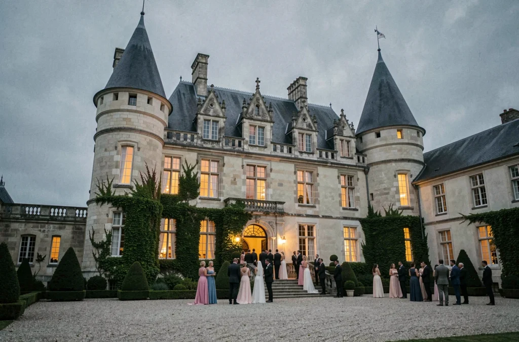 Façade féerique du Château de Challain en Anjou lors d'une réception de mariage en soirée