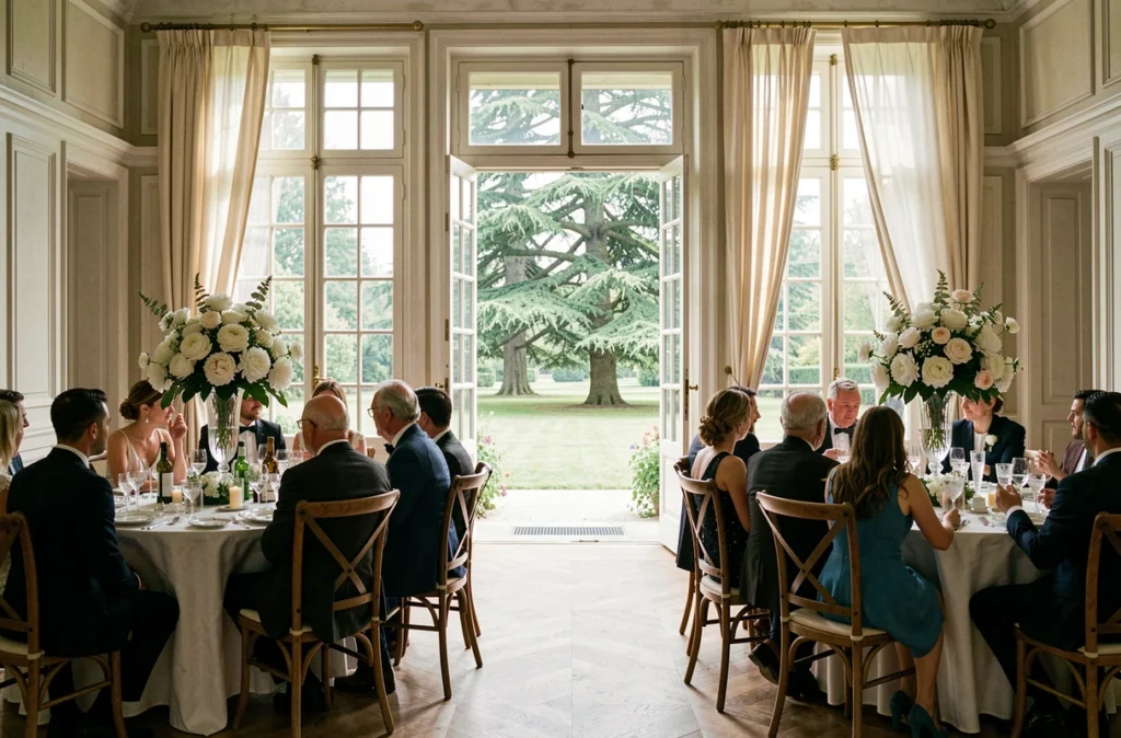 Salle de réception élégante du Château du Parc Saint-Lambert avec vue sur le parc arboré