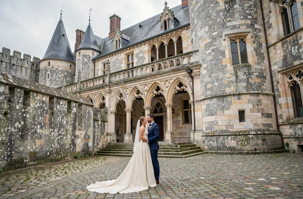 Couple de mariés dans la cour historique du Château du Plessis-Macé près d'Angers