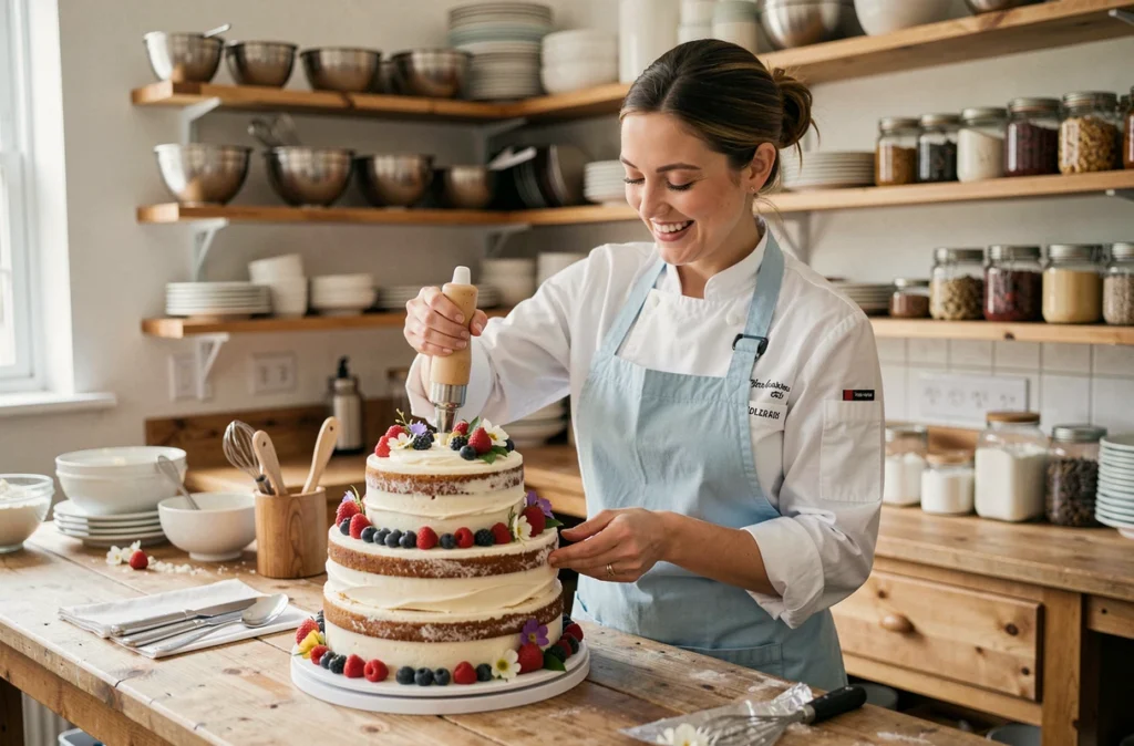 Cheffe pâtissière de Chez Math Gourmand décorant un gâteau de mariage dans sa cuisine artisanale