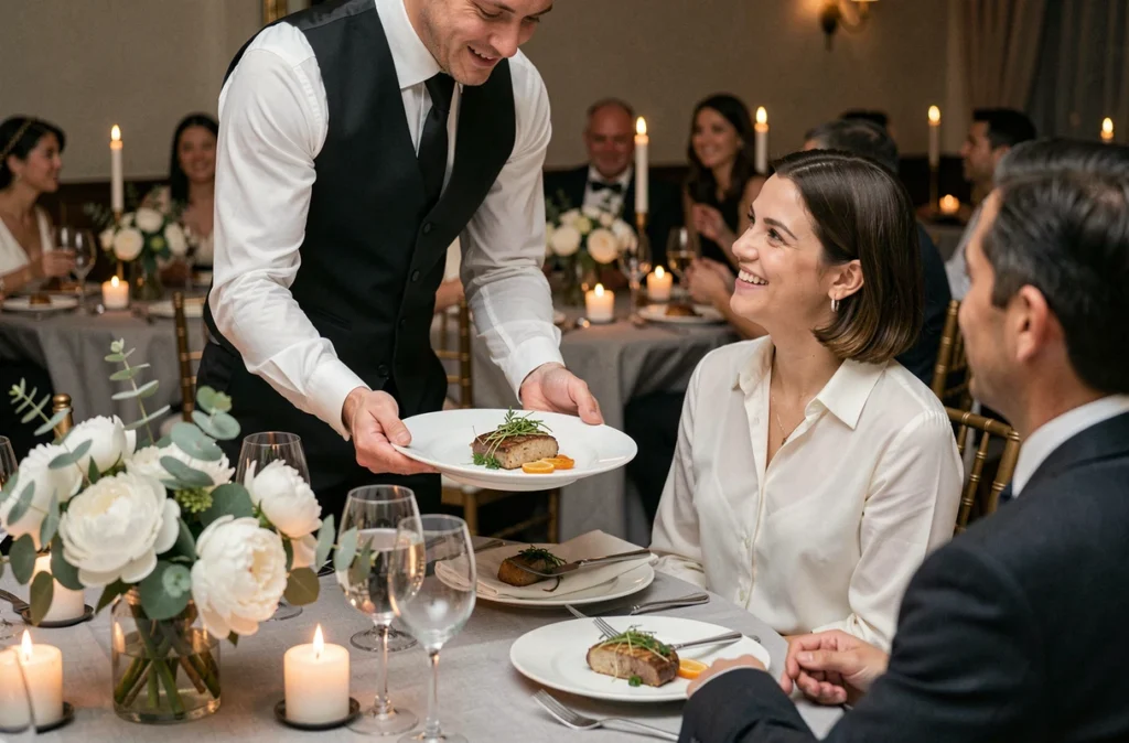 Service à table élégant de Clerence Traiteur lors d'un dîner de mariage, serveur présentant un plat raffiné à des convives