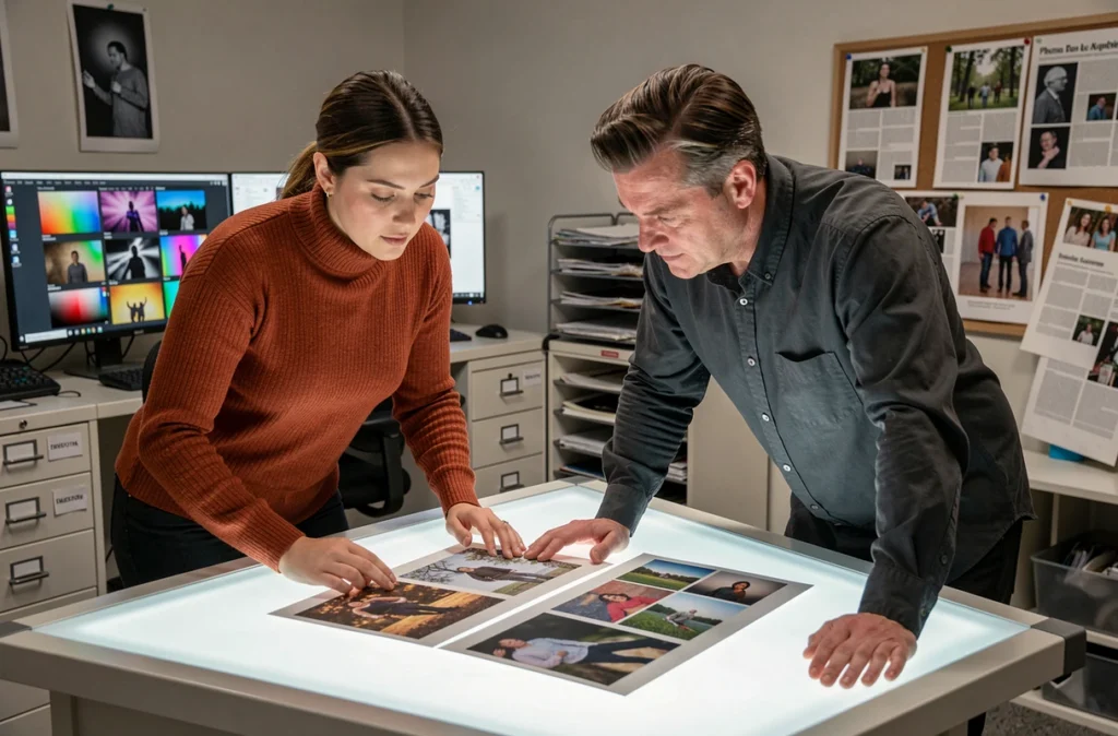 Deux photographes comparant des tirages photo sur une table lumineuse dans un bureau de post-production professionnelle