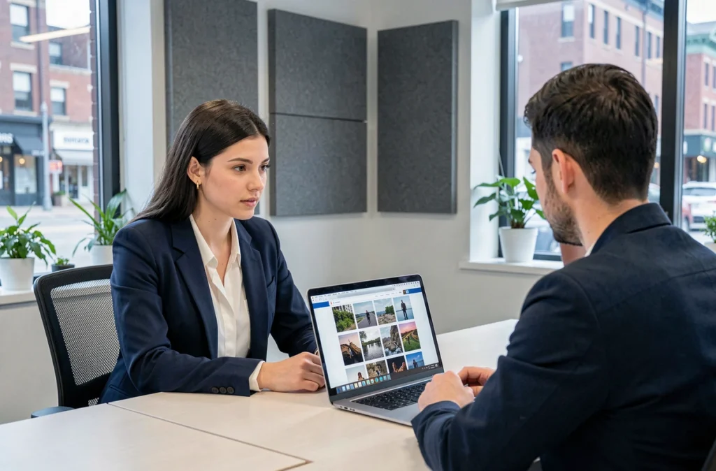 Réunion de consultation entre une cliente et un photographe professionnel autour d'un portfolio numérique