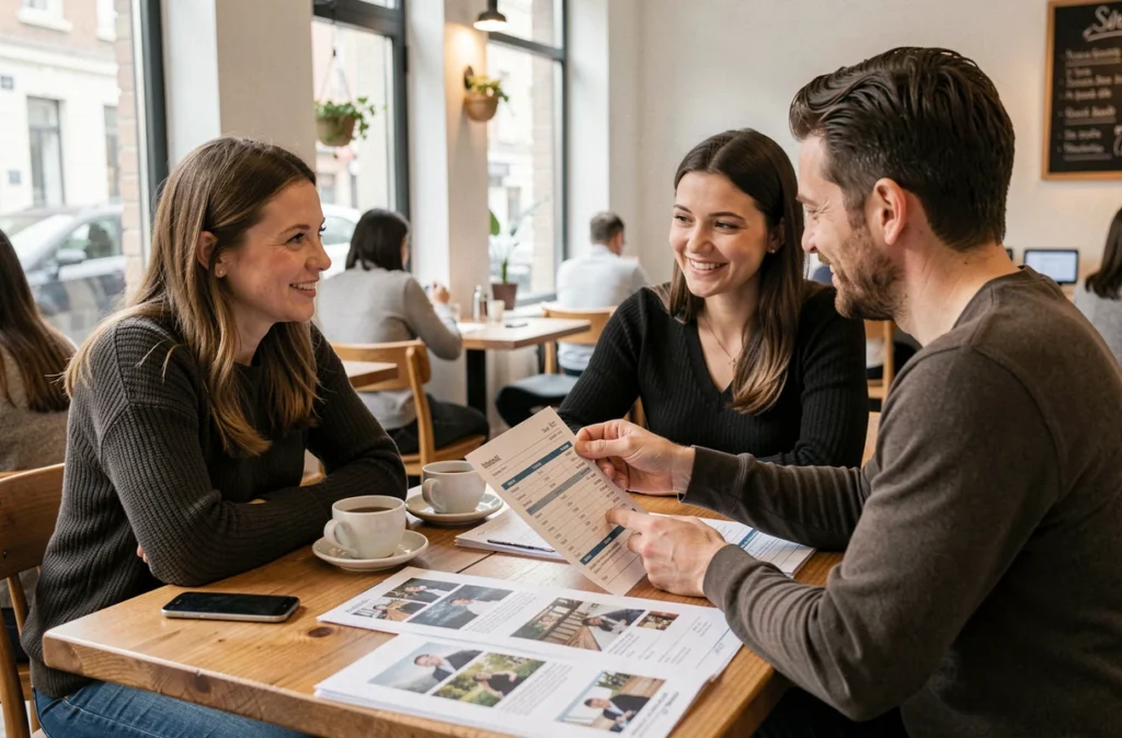 Consultation tarifaire entre un photographe et un couple de clients dans un café à Arras