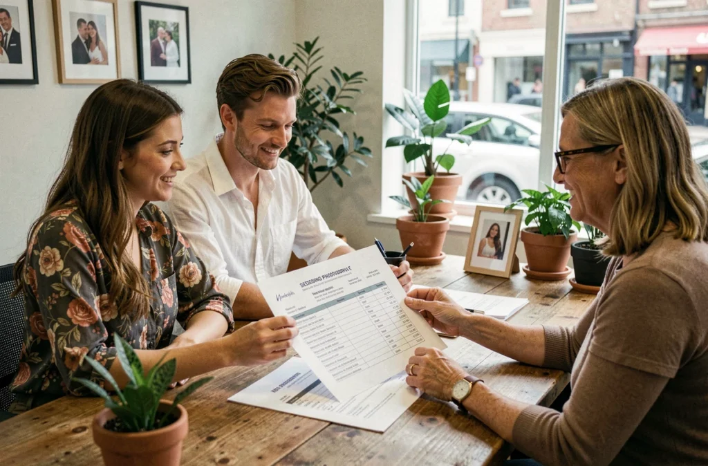 Couple de futurs mariés discutant d'un devis photographe mariage avec une professionnelle dans une agence photo
