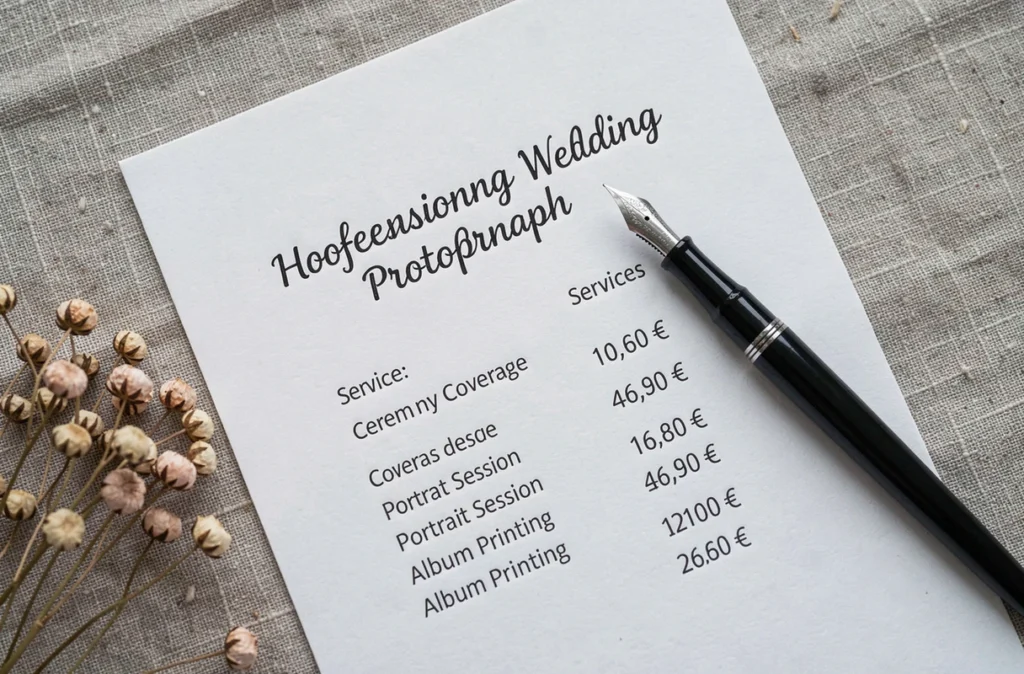 Gros plan d'un devis photographe mariage imprimé détaillant les prestations et les prix en euros