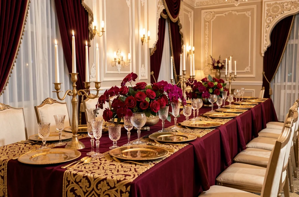 Table de réception luxueuse habillée par Dubai Event pour un mariage en Haute-Savoie