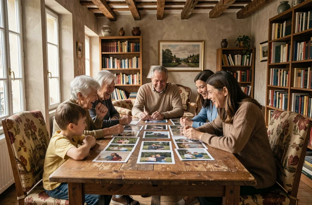 Famille lyonnaise multigénérationnelle regardant des photos de famille imprimées dans un appartement traditionnel à Lyon