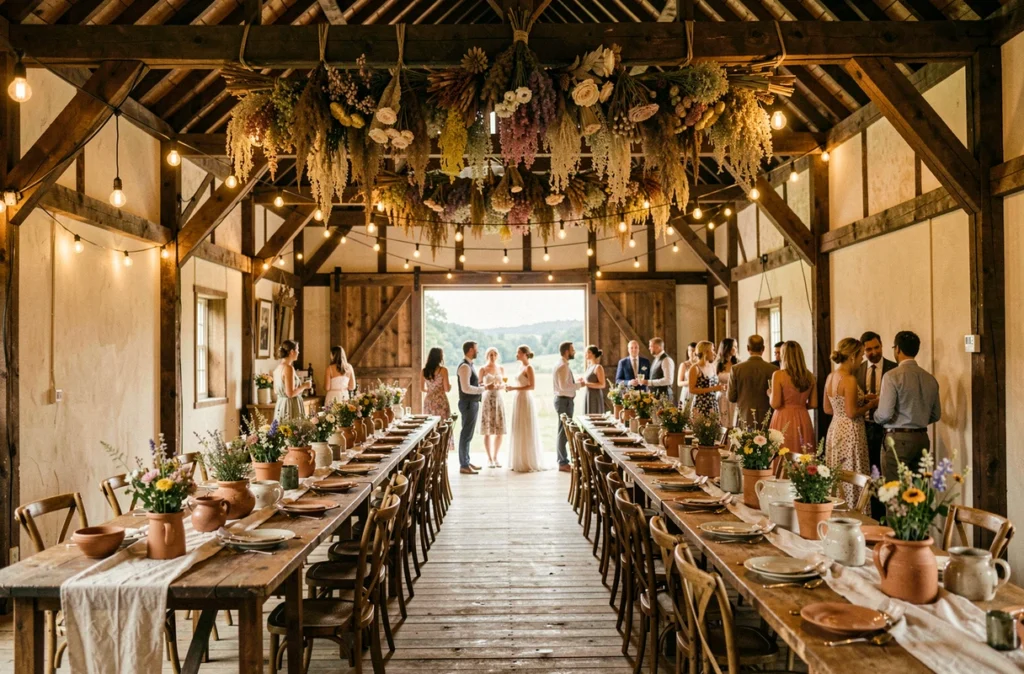 Intérieur rustique et chaleureux de La Grange des Ruettes en Maine-et-Loire lors d'un mariage