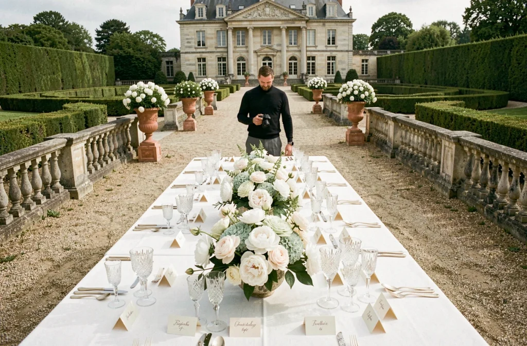 GT Capture photographiant une table de réception fleurie dans le jardin d'un château en Seine-et-Marne