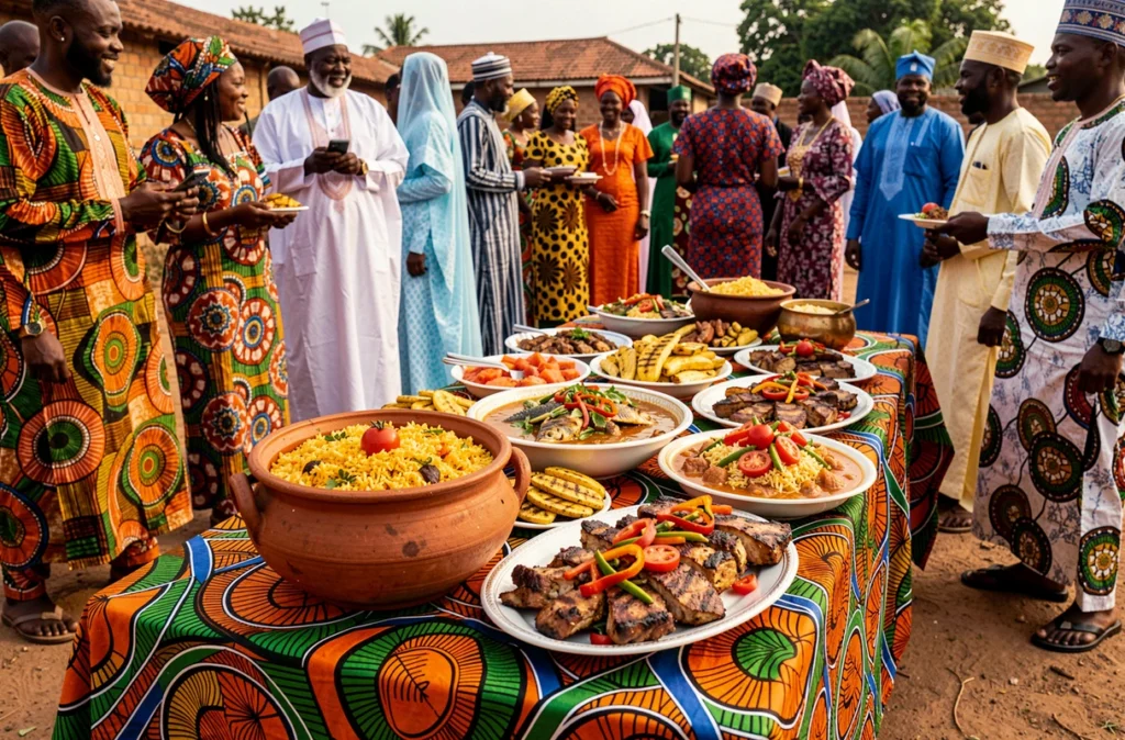 Traiteur Kankou présentant un festin de mariage africain avec riz jollof, plantains grillés et thiéboudienne sur tissu wax coloré