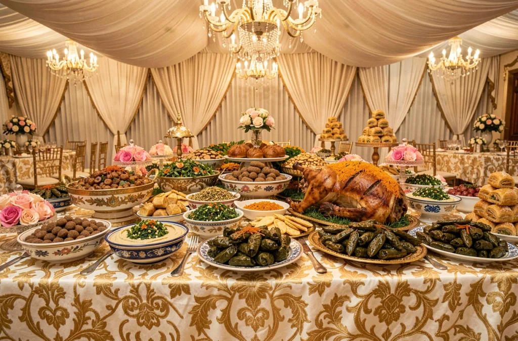Banquet de mariage libanais de Laziza avec kibbeh, houmous, agneau rôti et pâtisseries orientales sur table brodée dorée