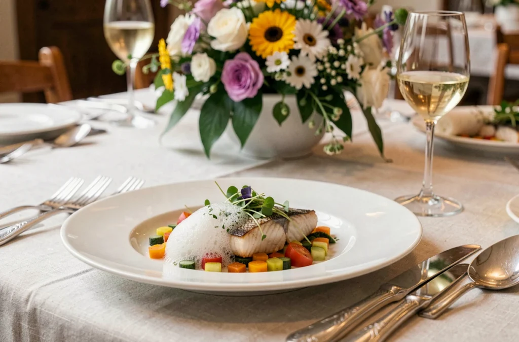 Assiette gastronomique du Jalouvre dressée pour un dîner de mariage en montagne