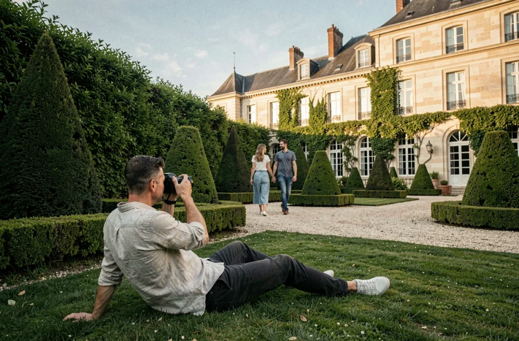 Leitmotiv Capture photographiant un couple dans un jardin à la française près d'un manoir en Seine-et-Marne