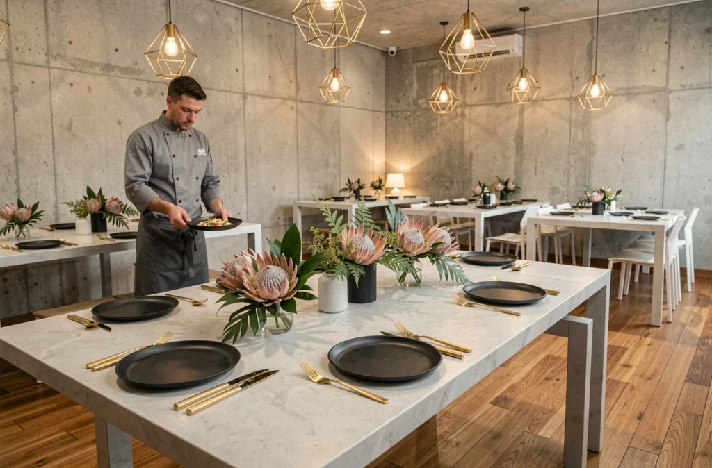 Réception de mariage contemporaine de L'Evidence Traiteur dans un espace industriel avec tables minimalistes et vaisselle mate noire
