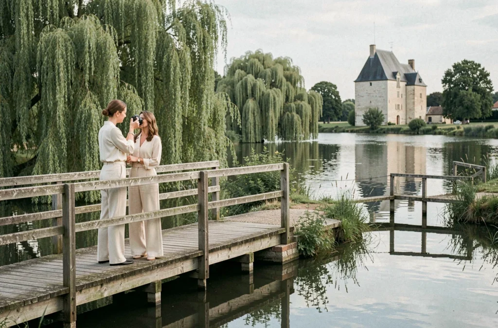 Maison Elion photographiant un couple sur un pont en bois au bord d'une rivière dans la campagne de Seine-et-Marne