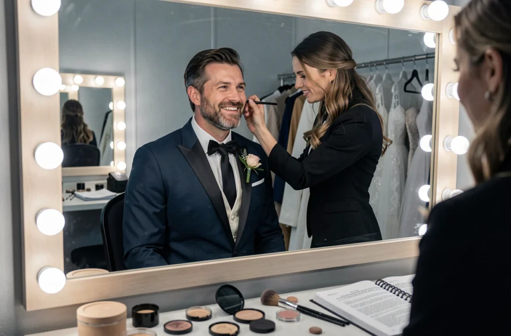 Maquilleur appliquant les dernières retouches sur un acteur en costume de marié dans une loge de tournage reflétée dans un miroir de plateau