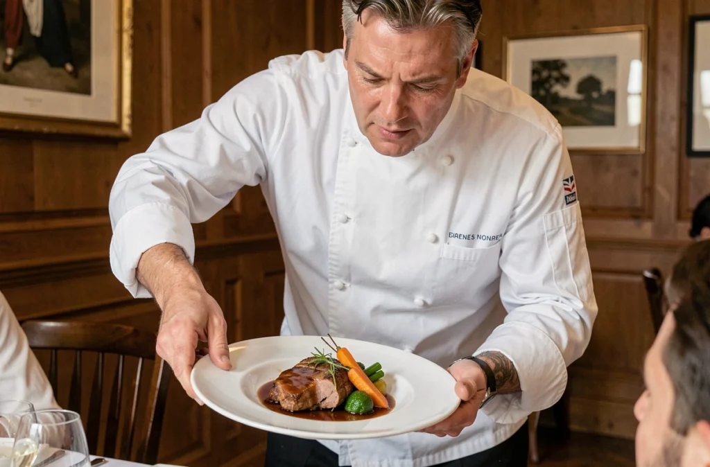 Chef expérimenté de Marc Girard Traiteur présentant un plat gastronomique de canard confit lors d'un dîner de mariage raffiné